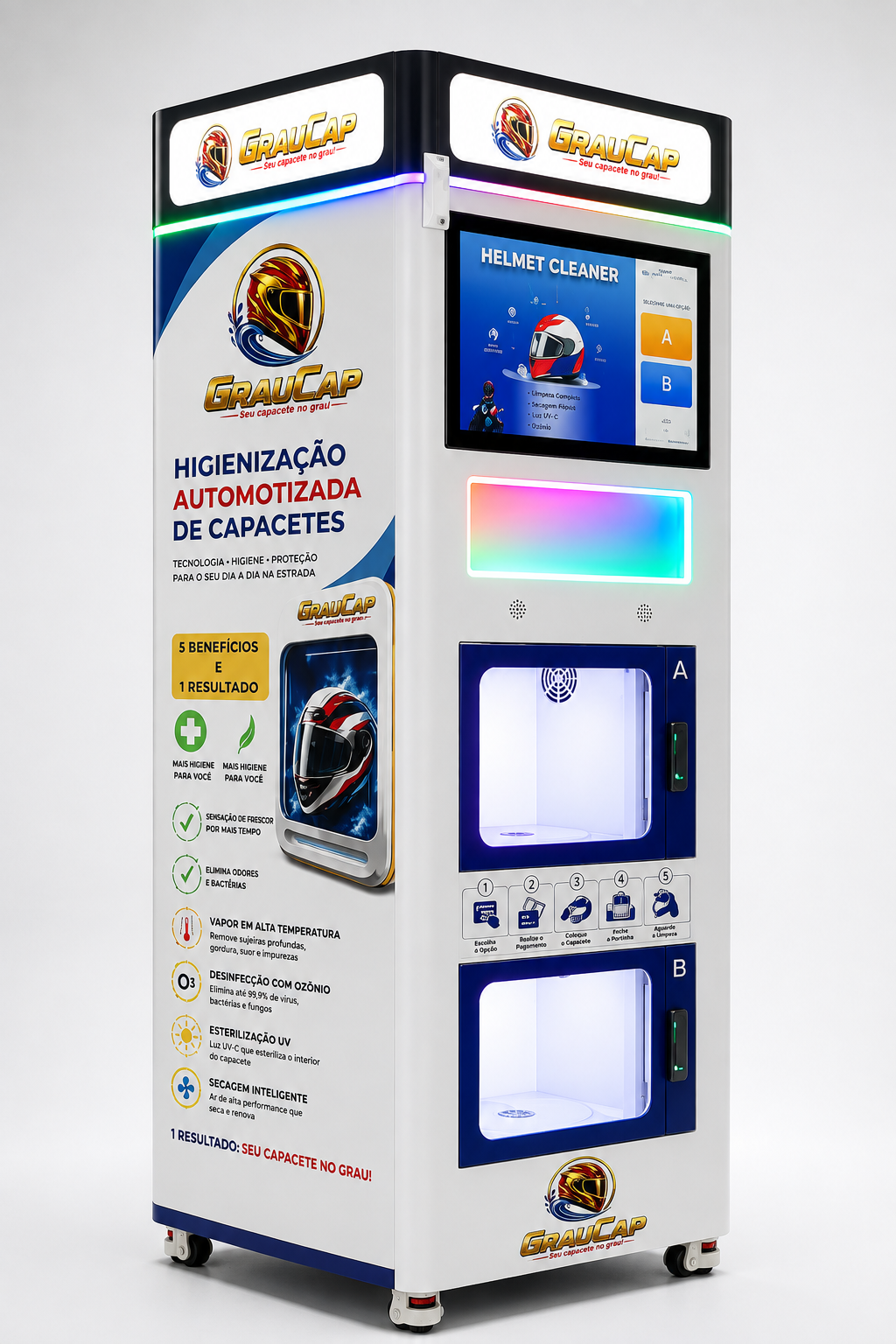 Máquina automatizada GrauCap de higienização de capacetes vista em perspectiva